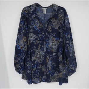 Catherines Navy Blue Floral Paisley Pintuck Blouse Womens 2X Long Sleeve Mature
